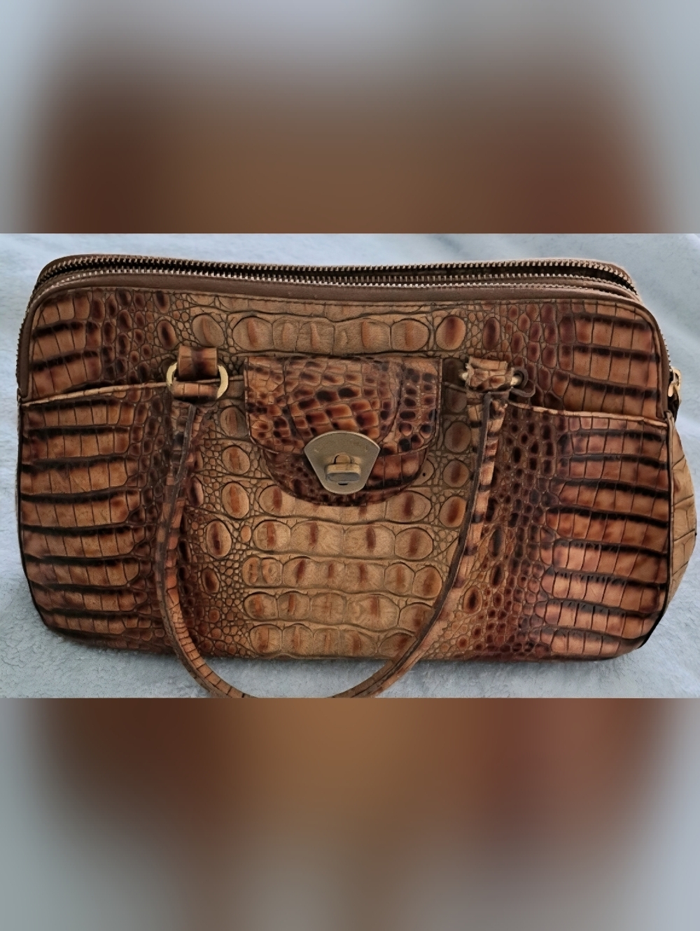 Brahmin Tan and Brown Crocodile-Embossed Satchel